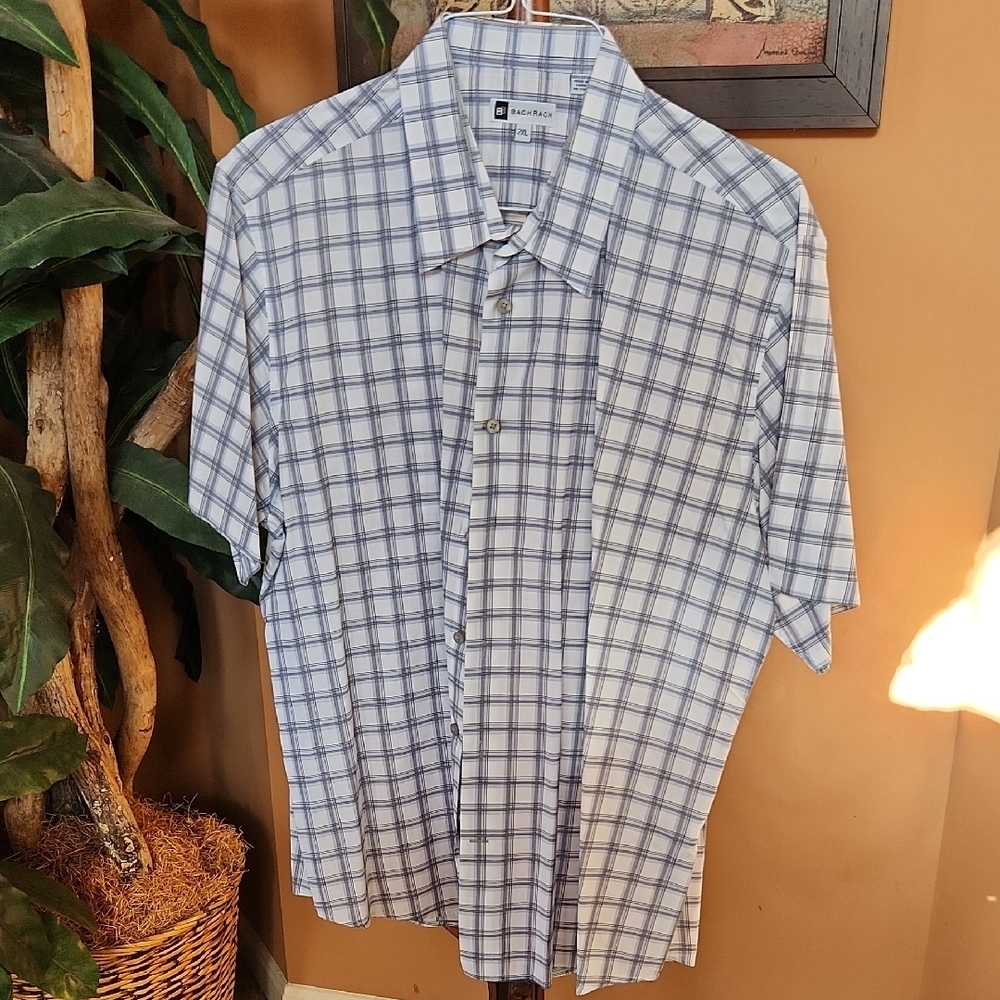 BACHRACH Grey and Blue Plaid Casual Button Down Shirt